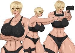 1girls big_breasts blonde_hair breasts busty cleavage curvaceous curvy curvy_female curvy_figure cyberboi eyewear female gun handgun huge_breasts large_breasts nipples nipples_visible_through_clothing sergeant_calhoun sports_bra thick_thighs thighs toned toned_body toned_female voluptuous white_background wreck-it_ralph