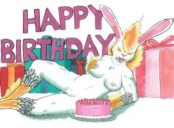 anthro breasts cake dessert female food genitals gift grope happybirthday lagomorph leporid lying mammal nude nyghtmar3 on_side pinup pose pussy rabbit solo traditional_media_(artwork)