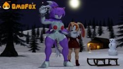 2girls barefoot blaze_the_cat blaze_the_werecat cream_the_rabbit feet fur furry furry_only larger_female mobian_(species) naked nude nude_female omofox snow snowman sonic_(series) toes