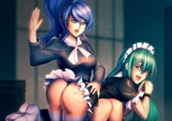 2girls ass bakki black_panties blue_eyes blue_hair bondage breasts green_eyes green_hair human humanized long_hair maid maid_headdress maid_uniform medium_breasts my_little_pony over_the_knee over_the_knee_spanking panties ponytail princess_luna_(mlp) punishment punishment_spanking queen_chrysalis_(mlp) school_uniform spanking thighhighs upskirt wrists_tied yuri