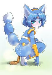 2023 anthro blue_body blue_fur blue_hair blush canid canine crouching embarrassed feces female fox fur grass hair krystal mammal nintendo plant pooping_on_floor pooping_on_grass scat scat solo star_fox straining unoroute unousaya