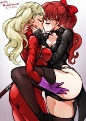 2girls ann_takamaki ass black_coat black_leotard blonde_hair bodysuit breasts chains closed_eyes clothing coat earrings fake_tail female gloves hairbow human kasumi_yoshizawa kissing large_breasts latex latex_bodysuit latex_gloves leotard minacream painted_fingernails pale_skin persona persona_5 phantom_thief_suit pink_gloves ponytail red_bodysuit red_hair standing_on_one_leg sumire_yoshizawa tail tailcoat thighhighs twintails yuri