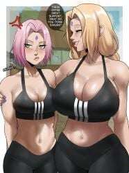 2girls absurdres blonde_hair breast_envy breast_size_difference echosaber english_text fake_breasts fat_breasts female female_only flat_belly huge_breasts human jiggling_breasts light-skinned_female long_hair medium_breasts medium_support_(meme) milf multiple_girls naruto naruto_shippuden pink_hair sakura_haruno short_hair shounen_jump sports_bra text tsunade