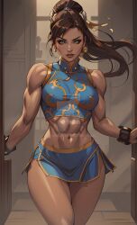 1girls abs ai_generated athletic athletic_female blue_crop_top blue_eyes blue_skirt bracelets breasts brown_hair capcom chun-li crop_top earrings fit fit_female large_breasts looking_at_viewer martial_artist mexkwigo midriff muscular muscular_female navel ponytail skirt street_fighter