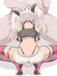 1boy black_collar black_thighhighs clothed_female_nude_male collar commentary_request commission crop_top fat_man fellatio female from_behind grey_hair hand_on_another's_head highres long_hair matsukai_mao matsukai_mao_(1st_costume) nijisanji nude ohako older_male older_man_and_teenage_girl oral pixiv_commission red_thighhighs shorts spiked_collar spikes squatting straight striped striped_hair striped_thighhighs thighhighs twintails two-tone_thighhighs ugly_bastard ugly_man virtual_youtuber white_shorts