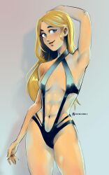 1girls 2020s 2023 abs adora armpit artist_name aveecomics barely_clothed bikini black_bikini blonde_female blonde_hair blue_eyes breasts female female_only grey_background hand_on_head hand_on_own_head light-skinned_female light_skin long_hair presenting she-ra_and_the_princesses_of_power simple_background small_breasts smile solo standing thick_thighs thin_waist watermark wide_hips