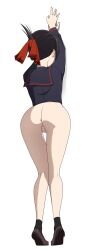 absurdres against_wall anus arms_up ass black_hair black_shirt black_socks bottomless coro_fae facing_away female folded_ponytail from_behind full_body highres invisible_wall kaguya-sama_wa_kokurasetai_~tensai-tachi_no_renai_zunousen~ long_sleeves pussy sailor_collar shinomiya_kaguya shirt shoes simple_background socks solo thigh_gap tiptoes white_background