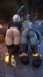 2girls 3d ass blizzard_entertainment boots burning_legion demon demon_girl demon_horns demon_tail demoness dreadlord dreadlord_jaina female female_only from_behind heroes_of_the_storm high_heel_boots horns human human_(warcraft) human_(world_of_warcraft) human_female jaina_proudmoore kissing large_ass large_breasts legwear mage_(warcraft) nathrezim on_all_fours selfcest stockings tail thick_thighs warcraft world_of_warcraft yuri zentaeron