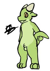 amber_eyes animal_genitalia anthro balls countershading cyan_melody digitigrade freckles fully_sheathed genitals green_body green_scales hi_res holding_tail horn kobold male moss_(cyan_melody) nude scales scalie sheath smile solo tail