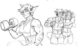 2020s 2023 2girls adora big_muscles black_and_white blush cat_ears cat_tail catgirl catra cleavage dumbbell fangs female female_only first-second flexing freckles fur huge_muscles long_hair looking_at_each_other looking_at_partner looking_at_viewer midriff monochrome muscle_awe muscle_worship muscles muscular muscular_female ponytail she-ra_and_the_princesses_of_power short_hair shorts simple_background sketch smile sportswear standing tail thick_thighs top weightlifting weights white_background yuri