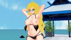 1girls 3d armpits arms_behind_head beach big_breasts bikini black_bikini blonde_hair breasts busty female female_only hi_res long_hair looking_at_viewer navel nipples ocean pose posing rwby sensual sexy_armpits solo sunglasses_on_head theblackbirdcalls tongue tongue_out wardrobe_malfunction water yang_xiao_long