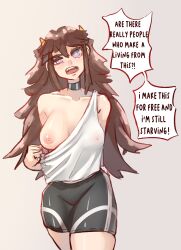 1girls big_breasts blush brown_hair choker english_text female female_only horns long_hair looking_at_viewer one_breast_out open_mouth original partially_clothed presenting solo standing text thick_thighs topless xolbaj