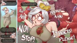 1girls 3boys absurd_res ambiguous_penetration anthro anthro_on_female anthro_on_human anthro_penetrating anthro_penetrating_female anthro_penetrating_human anthro_penetrating_humanoid balls big_breasts blin_(tloz) bodily_fluids bokoblin breasts clothed clothed/nude clothed_female_nude_male clothing coat dialogue double_handjob eyewear female female_on_anthro female_penetrated footwear forced foursome from_behind_position gangbang gangrape genital_fluids genitals glasses group group_sex hair hand_on_back handjob hi_res high_heels humanoid humanoid_genitalia humanoid_on_anthro humanoid_penetrated humanoid_penis instant_loss_2koma josha_(tloz) lab_coat male male/female male_penetrating male_penetrating_female moblin monster nintendo nude penetration penile penis precum purah rape red_body red_eyes red_skin scopedout sex sharp_teeth sheikah tan_body tan_skin teeth the_legend_of_zelda tongue tongue_out topwear torn_clothing white_hair wide_eyed