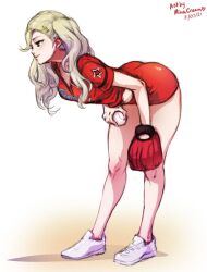 1girls ann_takamaki ass baseball baseball_glove baseball_uniform bent_over blonde_hair blue_eyes breasts earrings female female_only hairclip jersey medium_breasts minacream persona persona_5 running_shoes shorts solo twintails