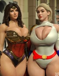 2girls 3d absurd_res amazon amazonian black_hair blonde_hair blue_eyes boob_window breasts busty cape cleavage curvaceous curvy dc dc_comics diana_prince female female_only green_eyes green_hair hi_res huge_breasts kara_zor-l karen_starr kryptonian large_breasts light-skinned_female light_skin power_girl princess red_cape royal royalty rude_frog skimpy_armor superheroine superman_(series) thick thick_thighs thighs voluptuous wide_hips wonder_woman wonder_woman_(series)