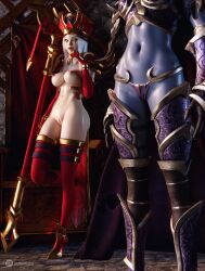 2girls 3d armor armored_boots armored_gloves ass athletic_female blue_skin boots breasts curvy curvy_body curvy_female curvy_figure curvy_hips dewardenart elf female female_only gloves heels high_elf hips human legs nipple_piercing nipples pale-skinned_female pale_skin panties partially_clothed pussy red_eyes sally_whitemane shiny shiny_skin stockings sylvanas_windrunner thighs vagina warcraft white_hair world_of_warcraft