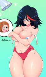 2girls absurd_res black_hair blue_eyes breasts covering_breasts female female_only hi_res kill_la_kill large_breasts lunaexhabbitix mankanshoku_mako matoi_ryuuko multiple_girls short_shorts shorts shower thick_thighs thighs wide_hips