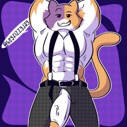 1boy abs anthro arms_behind_head calico_cat digital_media_(artwork) domestic_cat epic_games erection felid feline felis fizzyjay fortnite fur gay genitals hi_res looking_at_viewer male mammal meowscles meowscles_(fortnite) muscular muscular_anthro muscular_male pecs penis simple_background smile solo suspenders