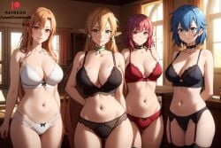 4girls ai_generated big_breasts blonde_female blonde_hair blue_eyes blue_hair blush brown_eyes cameltoe dominant dominant_female elf elf_ears elf_female elf_girl group huge_breasts indoors leafa lewdcreationsai lingerie lisbeth looking_at_viewer orange_hair petite pink_eyes pink_hair sinon smile smirk smirking smirking_at_viewer stockings sword_art_online sword_art_online:_fairy_dance sword_art_online:_phantom_bullet sword_art_online_alicization toned toned_body toned_female yuuki_asuna