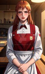 1girls ai_generated apron bowtie breasts button_down_shirt female female_only kitchen large_breasts long_hair looking_at_viewer mexkwigo nami one_piece orange_eyes orange_hair post-timeskip stove waitress waitress_uniform