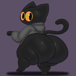 1:1 2023 anthro ass axoarts balls big_butt black_body black_ears black_eyes black_fur black_tail bottomless clothed clothing digital_media_(artwork) domestic_cat felid feline felis fur genitals google google_doodle grey_clothing grey_robe grey_topwear hi_res looking_back magic_cat_academy male mammal momo_(google) partially_clothed pose purple_background rear_view robe simple_background small_balls solo standing tail thick_thighs three-quarter_view topwear yellow_sclera