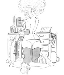 afro afro_hair amartbee ass boots breasts bulma_(afro) bulma_briefs dragon_ball dragon_ball_z female gloves hairband kneeling line_art looking_back panties sideboob sweat sweaty_body thighhighs