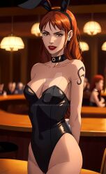 1girls ai_generated black_leotard breasts bunny_ears bunny_tail choker earrings fake_animal_ears fake_tail female female_only large_breasts leotard long_hair looking_at_viewer mexkwigo nami one_piece orange_eyes orange_hair playboy_bunny post-timeskip tattoo tattoo_on_arm