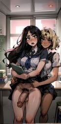 1futa 2girls ai_coomer ai_generated assisted_exposure black_hair blonde_hair blue_eyes blush breasts classroom closed_mouth clothes_lift dark-skinned_female earrings exhibitionism exposed_penis female flaccid flaccid_penis futa_focus futanari green_eyes holding_book holding_object hug_from_behind indoors jewelry lifted_by_another light-skinned_futanari long_hair looking_at_viewer medium_breasts multiple_girls navel no_panties open_mouth penis pubic_hair scarf school_uniform schoolgirl self_upload shocked short_hair skirt skirt_hold skirt_lift smile smug smug_face smug_grin smug_smile stable_diffusion sweatdrop uncensored