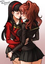 2girls amagi_yukiko back black_hair black_shirt black_skirt breasts brown_hair closed_eyes earrings female female_only hands_on_hips hugging kujikawa_rise long_hair medium_breasts minacream multiple_girls persona persona_4 red_shirt sailor_collar school_uniform shirt skirt twintails yuri