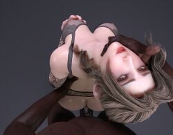 1boy 1girls 3d 3d_(artwork) aerith_gainsborough ass big_breasts big_penis blender breasts dark-skinned_male final_fantasy final_fantasy_vii heavenspawn hi_res holding_breast interracial lingerie looking_at_viewer looking_back makeup partial_male pov red_lipstick sex square_enix standing standing_doggy_style standing_sex viewed_from_above