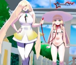 2girls alternate_breast_size awesomeerix bikini black_bikini blonde_hair breasts collar female femsub green_eyes hat height_difference hi_res leash leash_and_collar leash_pull light-skinned_female light_skin lillie_(pokemon) lusamine_(pokemon) mature_female micro_bikini milf mother mother_and_daughter nintendo outdoors perky_breasts pokemon pokemon_sm twin_braids