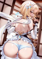 1girls ass blonde_hair breasts female genshin_impact gold_eyes large_ass light-skinned_female light_skin lumine_(genshin_impact) panties short_hair squchan thighs