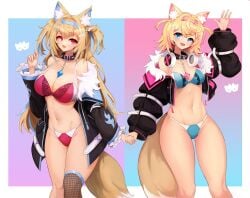 2d 2girls animal_ears arms bare_shoulders belly belly_button big_breasts blonde_hair blue_eyes bra breasts clothed clothing covered_breasts covered_nipples digital_drawing_(artwork) dog_ears dog_girl facing_viewer female female_focus female_only fingers fishnets front_view fuwamoco fuwawa_abyssgard hair hand_holding hands hands-free headband headphones hips holding_hands hololive hololive_english hololive_english_-advent- image jacket legs legs_apart legs_together long_hair looking_at_viewer mococo_abyssgard mostly_clothed multiple_girls navel notte_(artist) open_eyes open_mouth panties red_eyes short_hair shoulders sisters spiked_collar standing stomach tail thighs two_tone_hair virtual_youtuber waist