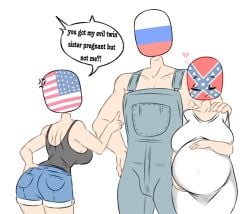 1boy 2girls after_sex anger_vein angry apron_only back_view blush blush_lines blushing clothing commission confederate_states_of_america_(countryhumans) countryhumans countryhumans_girl dressed english_text erection eyes_closed flawsy hand_on_hip heart larger_male pointing pregnant russia_(countryhumans) safe_for_work shorts simple_background smaller_female text text_bubble united_states_of_america_(countryhumans)