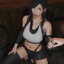 3d ahegao barefoot belly belly_button big_breasts black_hair black_toenails bulgingsenpai clothed clothed_female cum cum_on_face feet final_fantasy final_fantasy_vii final_fantasy_vii_remake kneeling light-skinned_female painted_fingernails skirt sports_bra suspender_skirt suspenders thick_thighs thighhighs tifa_lockhart toenail_polish toes tongue_out