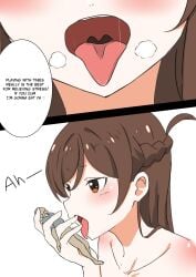 anime_style blush brown_eyes brown_hair close-up comic cum giantess hands holding licking long_hair macrophilia manga pixiv saliva saliva_trail shrunk shrunken speech_bubble tease teasing text threat throat tiny_person tongue tongue_out translated vore