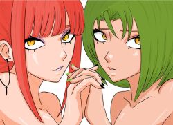 2girls black_nails brown_eyes colombian cross_earrings ear_piercing earrings face_focus female female_focus female_only flat_chest green_hair green_nails hand_holding hispanic hispanic_virtual_youtuber indie_virtual_youtuber interlocked_fingers latam_virtual_youtuber light-skinned_female light_skin long_hair looking_at_viewer monochrome_background niikasauria parce_alexis red_hair ryumi ryumivt short_hair small_breasts twitch twitch.tv virtual_youtuber vtuber white_background yellow_eyes youtube youtube_hispanic yuri