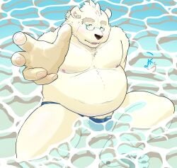 1boy anthro bear blly bulge clothing eyebrows eyewear flaccid fur genitals glasses hi_res leib_(tas) lifewonders male male_only mammal navel out_a800 partially_submerged penis penis_base polar_bear solo speedo swimwear thick_eyebrows tokyo_afterschool_summoners ursine water white_body white_fur