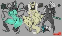 2022 3girls absurd_res anthro arthropod ass augdensden bandai_namco black_body breast_squish breasts butt_slap crossover digimon digimon_(species) erection female female_focus fur genitals green_body group hi_res holding_breast hollow_knight hornet_(hollow_knight) humanoid insects larger_female machine male male/female mindflayer_(ultrakill) nipples presenting presenting_pussy protagonist_(hollow_knight) pussy robot robot_humanoid simple_background size_difference slap slapping_own_butt slapping_self smaller_male squish taomon team_cherry ultrakill unseen_character vessel_(species) yellow_body yellow_fur