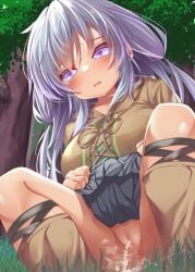 1girls censored duel_monster eria_the_water_charmer outdoors outside peeing purple_hair squatting yu-gi-oh!