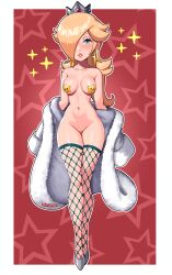 bimbo blonde_hair blue_eyes blush breasts coat fishnets high_heels looking_at_viewer mario_(series) medium_breasts naked_footwear nude pasties princess_rosalina sarukaiwolf star_pasties super_mario_galaxy thighhighs undressing