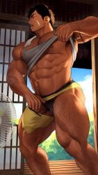 1boy abs armpits balls bara biceps bodybuilder bulge censored erection_under_clothes facial_hair flaccid frown gay hairy_legs hairy_male high_resolution highres huge_balls huge_cock huge_testicles in_heat kuromine_hiraya low-angle_view male male_only muscle muscles muscular muscular_arms muscular_male musk nipples pecs penis pubic_hair serious shirt_lift solo solo_male standing_over_viewer sweat sweatdrop sweating sweating_profusely sweaty sweaty_body tattoo testicles underwear yuatari