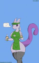 apron artist_name barista breasts coffee coryhen_(artist) covered_breasts covered_nipples creatures_(company) employee employee_uniform feet_out_of_frame feline furry hairless haxaxolotl2005(artist) huge_breasts humanoid legendary_pokemon mewtwo no_clothing no_mouth non-human old_art pointy_ears pokemon pokemon_(species) purple_tail simple_background simple_coloring simple_shading starbucks thick_thighs thigh_highs visor_cap