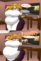 1girls artistic_lamp bbw big_belly big_breasts comic huge_belly juice_inyoureye(artist) plump stomach_noises tangerine_(juice_inyoureye) text thick_thighs weight_gain