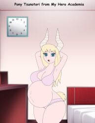 bedroom blonde_hair bra breasts clock curvy female foxtide888 horns my_hero_academia pale-skinned_female pale_skin panties pink_panties posing pregnant pregnant_milf raised_arm raised_arms tail tsunotori_pony underwear