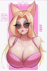 1girls 9_tails ahri big_breasts blonde_hair bra fox_ears fox_girl glasses k/da_ahri k/da_series kitsune konomidraw league_of_legends lollipop long_hair nine_tailed_fox vastaya