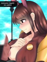 animal_ears animated breast_sucking brown_hair bunny_ears embarrassed female fur inverted_nipples lagomorph large_breasts long_hair nipple_suck nipples one_breast_out oral rwby segal03 sucking tagme velvet_scarlatina video z666ful