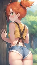 1girls against_tree ai_generated back bangs bare_shoulders blue_sky blush bubble_butt butt cloud cloudy_sky crop_top denim denim_shorts female female_only forest from_behind green_eyes highres hot_pants human human_only kasumi_(pokemon) looking_at_viewer looking_back midriff nature nintendo orange_hair outdoors pale_skin pokemon pokemon_(anime) ponytail profile red_hair revealing_clothes shiny shiny_skin shirt short_hair short_ponytail short_shorts shorts side_ponytail sky sleeveless sleeveless_shirt small_breasts solo suspenders sweat sweatdrop tank_top tied_hair tomboy tree wet wide_ponytail yellow_shirt