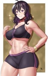 1girls arcedo bare_thighs black_hair breasts female female_only fire_emblem fire_emblem_awakening hand_on_hip looking_at_viewer medium_breasts medium_hair morgan_(fire_emblem) morgan_(fire_emblem)_(female) nintendo purple_eyes purple_hair shorts solo sportswear thick_thighs thighs