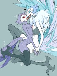 andrealphus_(helluva_boss) artist_name avian bird blue_eyes blush cloaca demon femboy french_kiss heart helluva_boss kissing male males_only minoruaniki nipples owl owl_demon peafowl phasianid red_eyes simple_background stolas_(helluva_boss) tail thighhighs tongue tongue_out